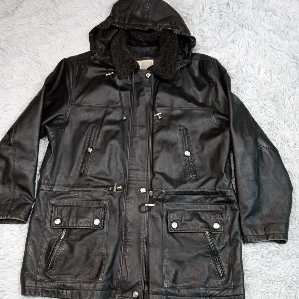 Vintage‎ Middlebrook Womens Jacket L Black Pockets Removable Hood Zip Up Snaps